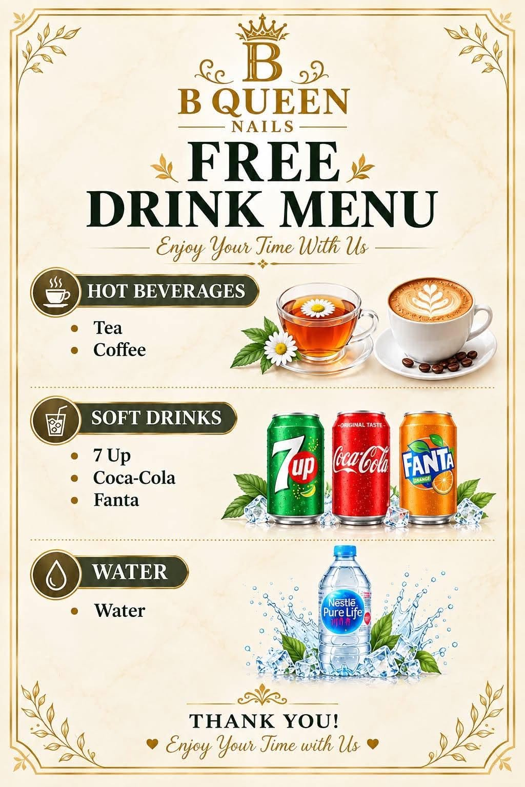 Complimentary drinks menu